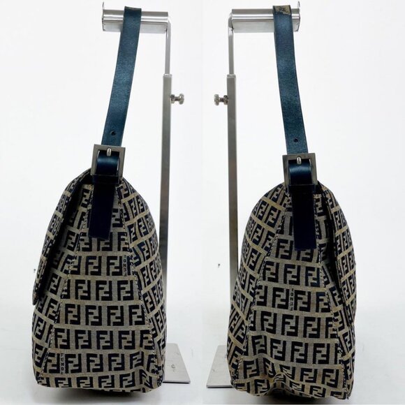 Authentic FENDI Mamma Zucca Bucket Baguette Navy Tan Flap Bag Purse Tote FF - Picture 5 of 13